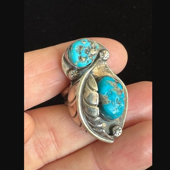 Vintage Sterling Silver Turquoise Feather Ring w/2 Natural Stones – 19g - Picture 2 of 6